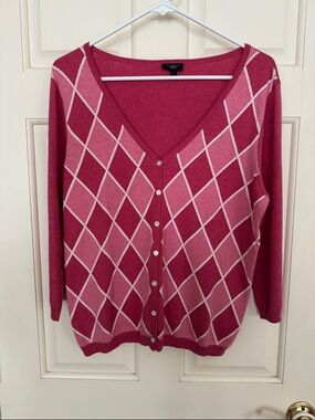 Talbots Rose Pink Argyle V-Neck Button Cardigan